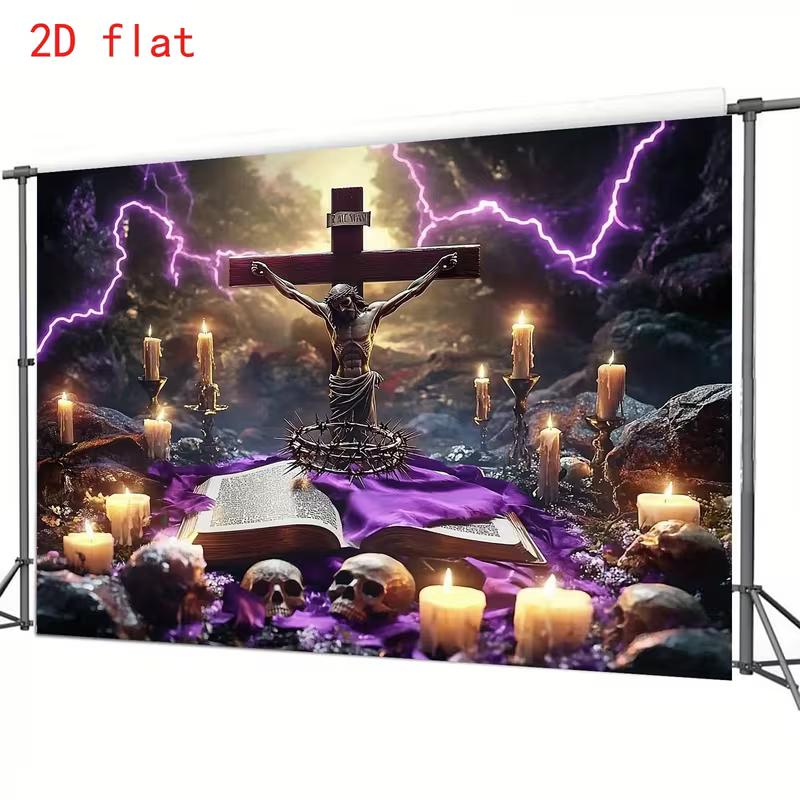 2D Crucifixion Scene with Skulls & Lightning Photo Backdrop for Holy Week