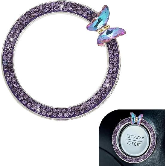Bling Car Crystal Rhinestone Ring Emblem Sticker, Girly Butterfly Diamond Engine Start Button Cover, Push to Start Button, Key Ignition Starter &