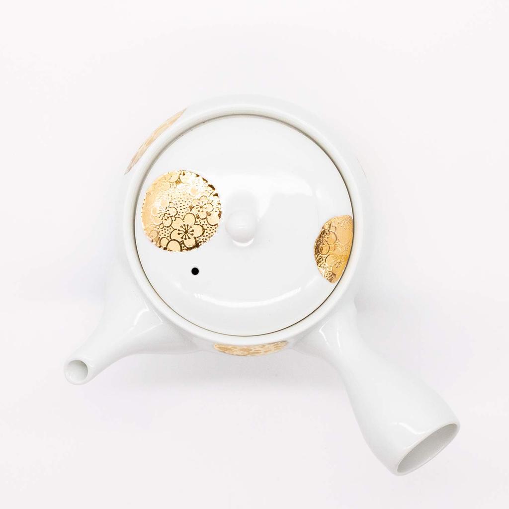 Чайник из керамики Хасами, украшенный цветущей сливой, изделие под номером 477819 (с ситечком), 340 мл, дизайн с золотой росписью, Япония,