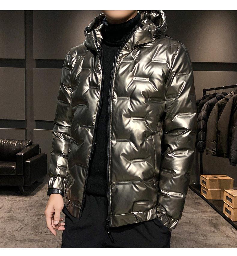 Мужской серебристый блестящий зимний пуховик, мужской теплый короткий белый утиный пух с капюшоном