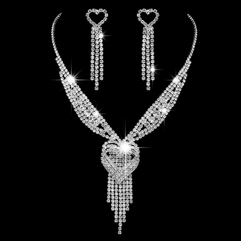 Bridal jewelry accessories sparkling full diamond three-layer heart tassel necklace/earring set