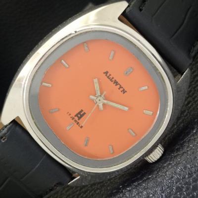 ВИНТАЖНЫЕ ЧАСЫ ALLWYN 6300A ИНДИЯ С РУЧНЫМ ЗАВОДОМ МУЖСКИЕ С ЦИФЕРБЛАТОМ ОРАНЖЕВОГО ЦВЕТА a703949-1