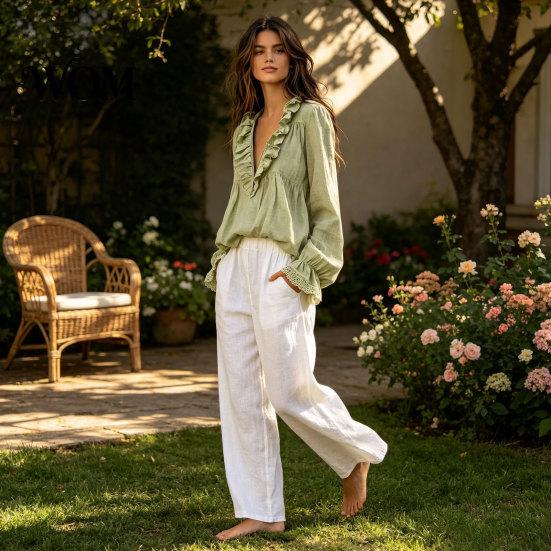 Long Sleeve Shirts Women Half Zipper V-Neck Blouse, Bohemian Ruffle Top, Loose Fit Blouses Solid Color Pleated Shirt for Spring Fall with Bell Sleeves