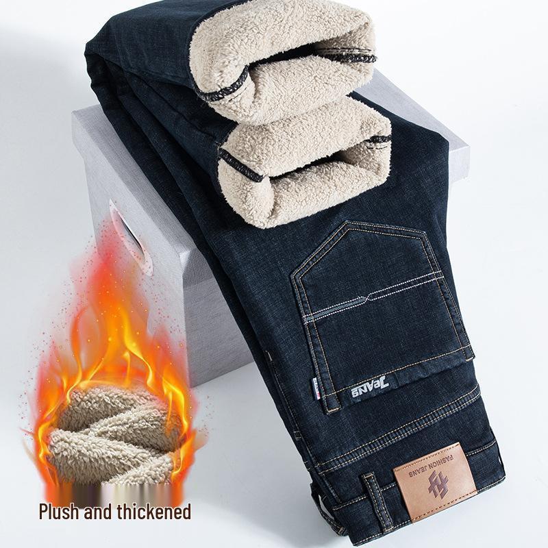 Мужские эластичные прямые утолщенные джинсы с бархатной подкладкой для осени и зимы