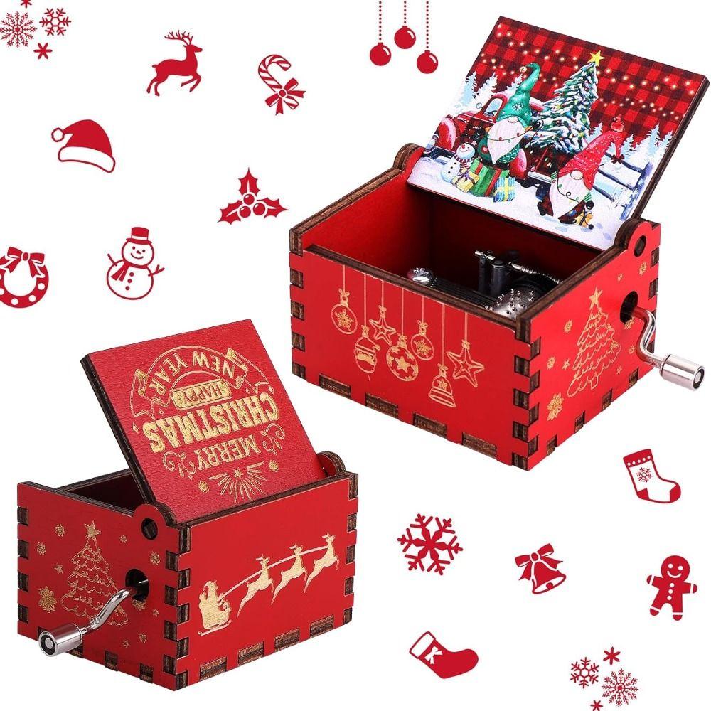 DIY Music Box Ornaments Red Santa Claus Wooden Box Classical Hand-cranked Music Box New Year