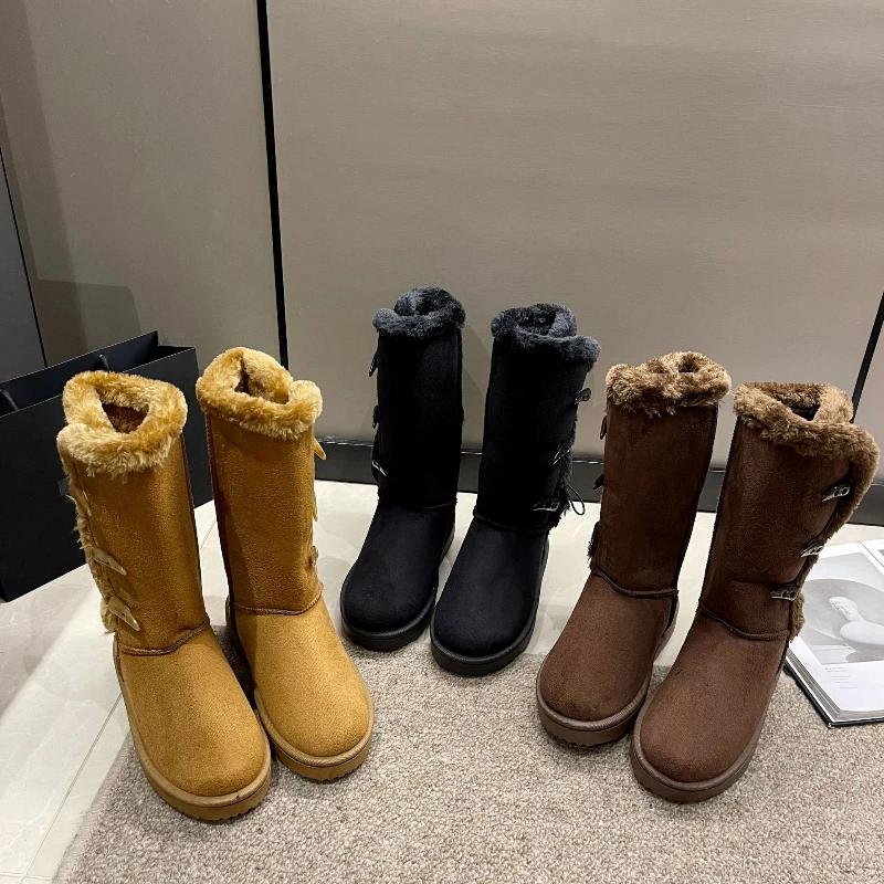 Модная женская обувь Классические женские зимние ботинки для девочек Теплые кожаные меховые сапоги с бархатом Высокие сапоги до колена Зимние кроссовки на щиколотке botas mujer