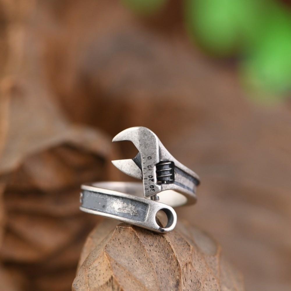 Heavy Duty Spanner Finger Ring Silver Plated Biker Jewelry Wrench-Shaped Open Ring  Boys Girls