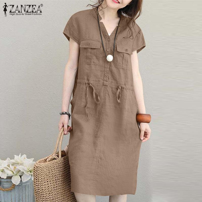 ZANZEA Summer Casual V-neck Short Sleeve Tunic Waist Shirt Dress