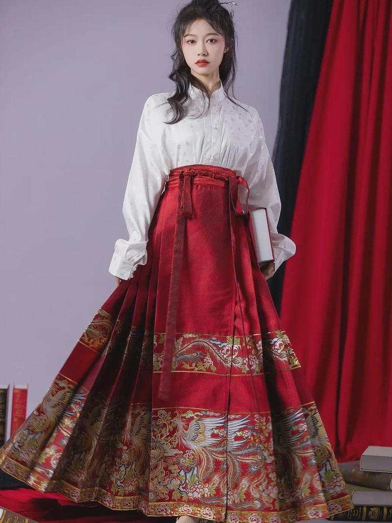 «2023 Оригинальная юбка в стиле ханьфу с изображением феникса и цветов, мордочки лошади — китайское красное помолвочное платье»