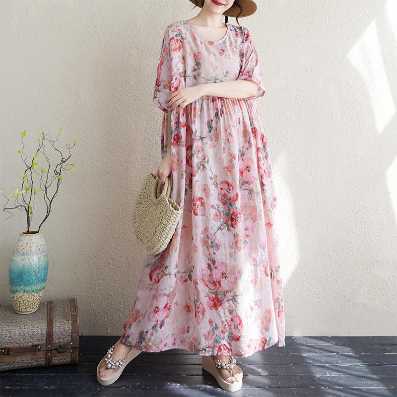 DIMANAF 2025 Летнее Платье Большого Размера Пляжное Повседневное Базовое Цветочное Женское Свободное Винтажное Новое Принтованное Длинное Платье Макси