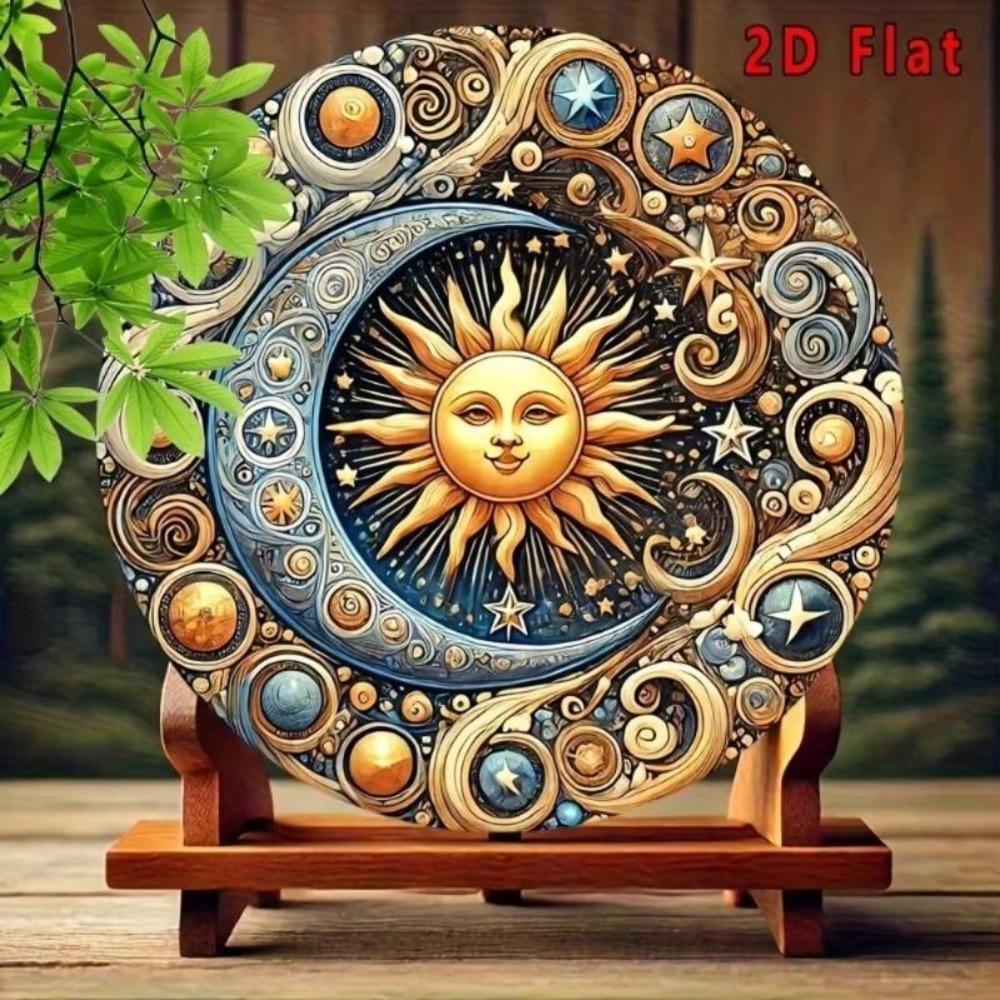 Солнце Луна 2D Плоское Настенное Искусство 8x8 Дюймов Круглый Алюминиевый Металлический Декор