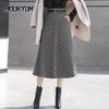 Houndstooth Woolen Midi Skirts Women Korean Office A-Line Long Skirts With Belt Ladies Elegant Plaid Long Skirts Faldas