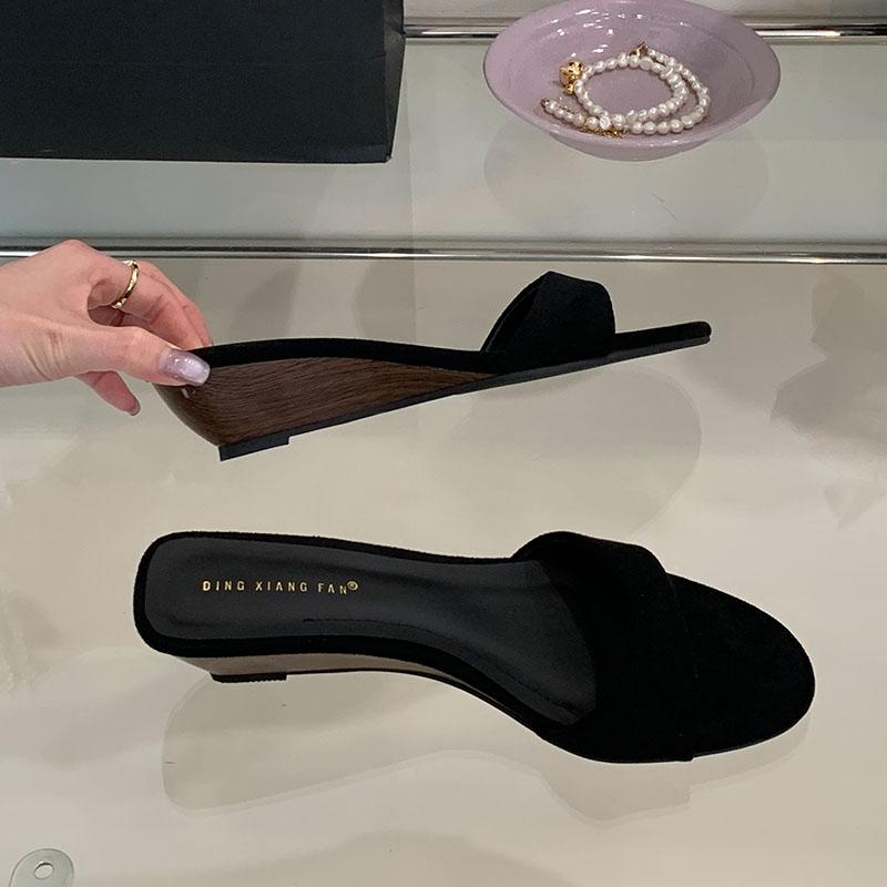 Модные флоковые женские туфли-сабо на танкетке с круглым носком, сандалии, обувь, роскошные женские шлепанцы, обувь, сексуальные женские шлепанцы на каблуке