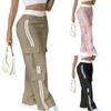 Ladies' Fashionable Side Striped Straight Leg Pants With Elastic Waist Pocket, Casual Sports Pants