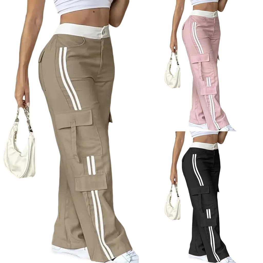 Ladies' Fashionable Side Striped Straight Leg Pants With Elastic Waist Pocket, Casual Sports Pants