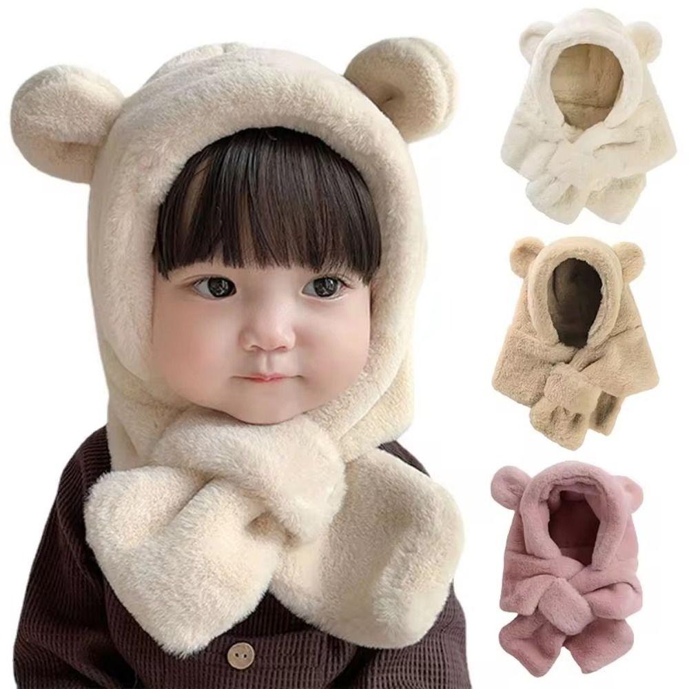 Soft Warm Baby Bear Plush Hat Winter Ear Protection Hats Lovely One-Piece Hat Scarf Kids