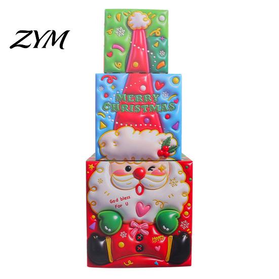 Fireplace Scene Decorations 3Pcs Christmas Stackable Gift Box, Layered Cube Plastic Boxes with Santa Claus Pattern Snowman Reindeer, Tabletop Display