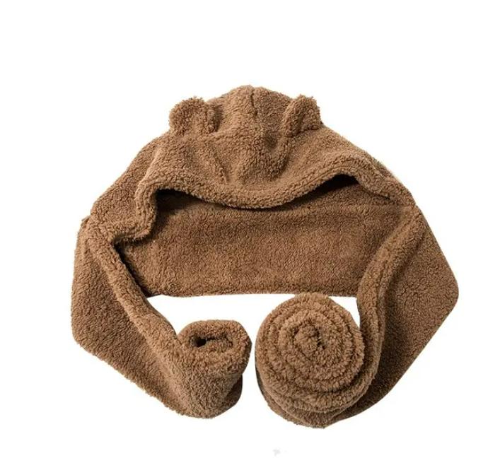 Fashion Winter Women Novelty Beanies Caps Warm Bear Ear Hat Casual Plush Hat Scarf Set Casual Solid Women Caps Present