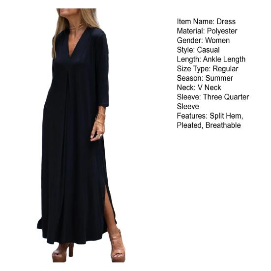 Женское платье с V-образным вырезом, свободное сплошное цветное подол с разрезом по бокам, три четверти, плиссированные рукава, вязаное, мягкое, повседневное, мягкое, дышащее, до щиколотки, платье макси