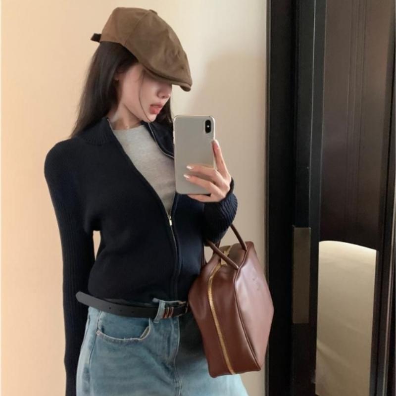 Вязаный кардиган-куртка с полувысоким воротником для женщин на раннюю осень, с застежкой-молнией, приталенный короткий топ с длинными рукавами