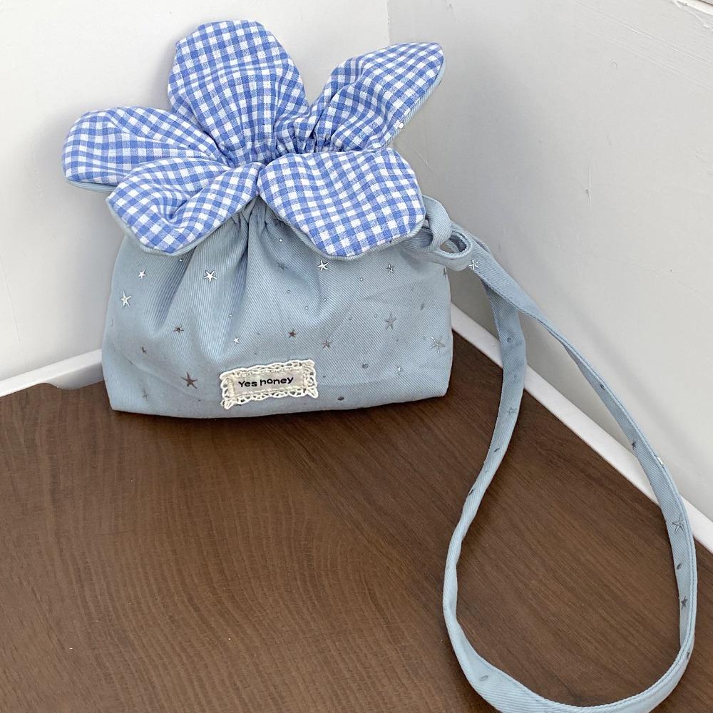 Bundle Pocket Flower Drawstring Crossbody Bag Plaid Cute Canvas Shoulder Bag Korean Style Portable Sparkly Star Flower Bag
