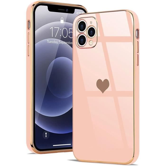 Coque de protection - Luxe - pour iPhone 12 Pro Max - Rose - Motif coeur galvanisé or - Antichoc et anti-rayure