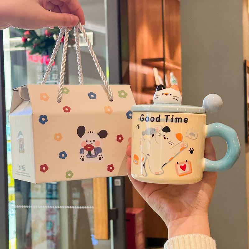 Birthday Gift Cute Cat Mug with Lid Couple Water Cup High Looking Bestie Ceramic Cup Practical Souvenir