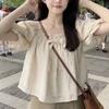 Thin French Style Short Sleeved Shirt for Women In Summer Loose Artistic Square Neck Bubble Sleeve Short Top