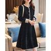 Autumn New Style Women's Round Neck Long Sleeves Slim Midi Skirt Lace French Corduroy Dress for Women