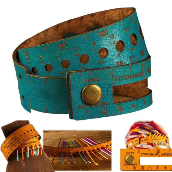 Кожаный измерительный инструмент 7-в-1 Многофункциональная 18-дюймовая линейка на запястье с калибром стежка, тестером пряжи, хранилищем маркеров стежка, портативная измерительная линейка, подарок