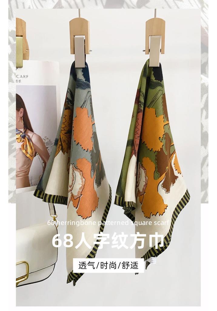 Light luxury Japanese and Korean artistic plant floral print herringbone square scarf for women, high-end holiday gift paired with silk scarves