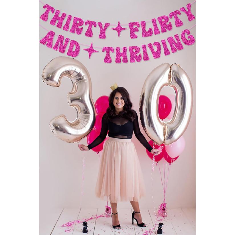 Hot Pink Thirty Flirty And Thriving Banner Talk Thirty to Me Banner for Women's 30th Birthday Party Decorations