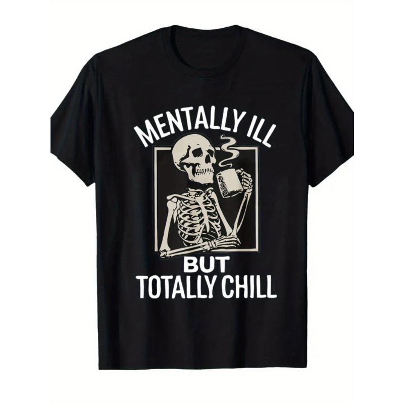 Mens Fun Mental Patient But Super Flat Skull and Coffee Cup Pattern Tshirt 180g Heavy Weight Fabric Casual Style Round Neck