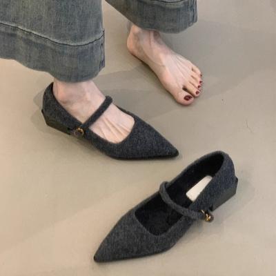 Французские черные туфли Мэри Джейн на толстом каблуке, зимние шерстяные универсальные флисовые туфли с острым носком и открытым верхом на высоком каблуке для通勤