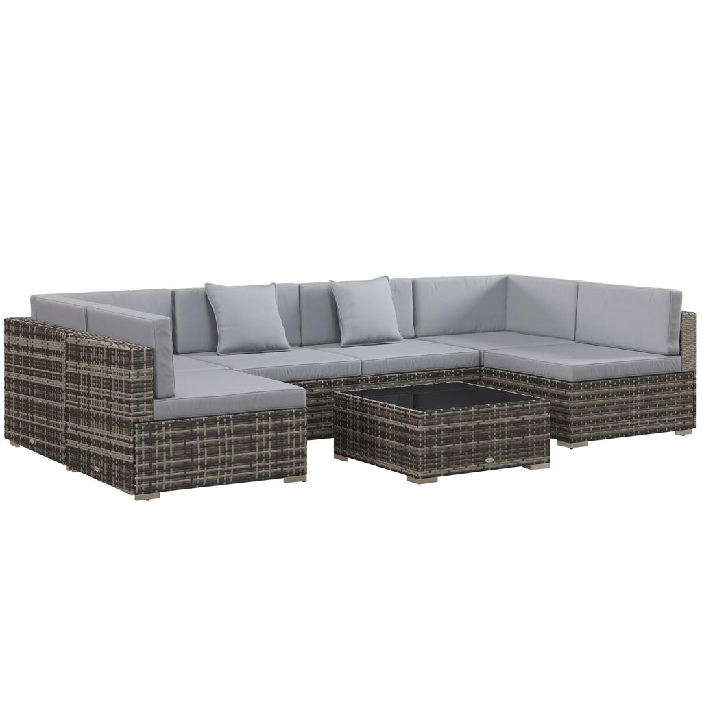 Seven-Piece Rattan Garden Set, with Glass-Top Table - Mixed Grey