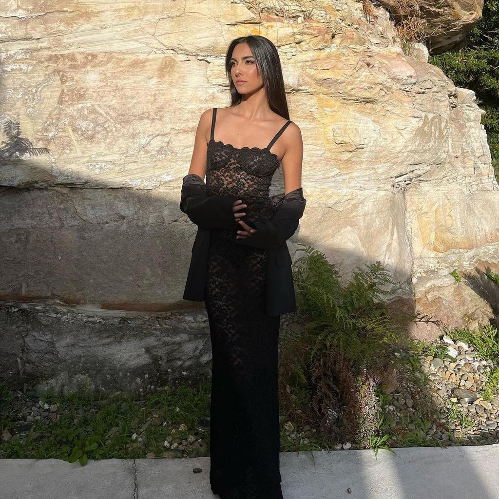 New Summertime Women's Fashion One-length Neck Sexy Perspective Lace Slim Dress Outfit Dress