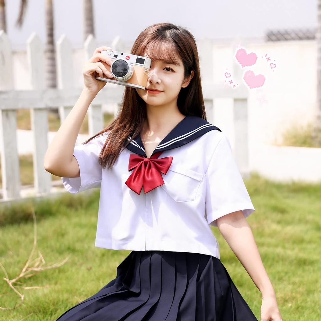 Sailor Authentic Navy Short JK High School Mini Pleated School Cultural Goldfish Knot 2 White School 3 Piece Set [SYRHSYB] Uniform, Uniform, Collar,