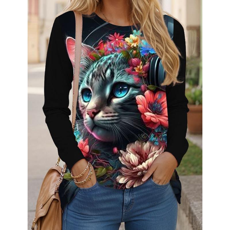 Women's T Shirts 3D Print Art Design Cat Pattern Long Sleeve Daily Weekend Fashion Funny Round Neck Regular Fit Spring Fall