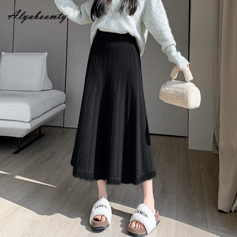 Корейская мода, осенне-зимняя женская юбка-миди с высокой талией, серая, черная, абрикосовая, кофейная, толстая теплая юбка, элегантная женская юбка с кисточками, женские юбки