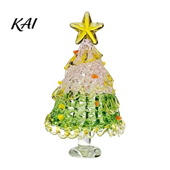 Holiday Desktop Decorations Hand Blown Glass Christmas Tree Figurine, Mini Tabletop Small Gifts Xmas Ornament, Handmade Decoration Handcrafted Art