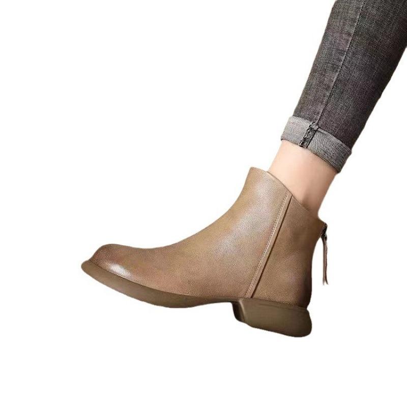 Новая женская обувь: Женские повседневные ретро ботильоны из мягкой кожи, модные ботильоны на толстом каблуке с круглым носком Devotion