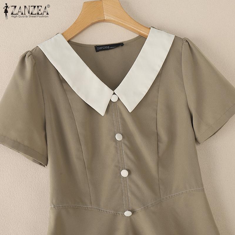 ZANZEA Женское летнее повседневное платье в стиле пэчворк с V-образным вырезом и коротким рукавом