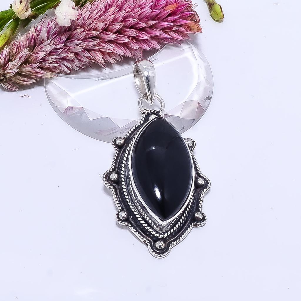 Black Onyx - Brazil 925 Sterling Silver Pendant V9031, Black Pendant, Marquish Pendant, Valentin's Day Gift, Gift For Her, Birthday Gift, Handmade Jew