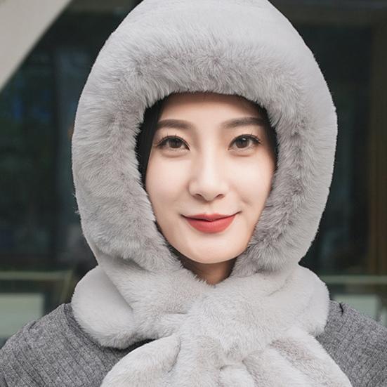 Женская зимняя шапка со встроенным шарфом, толстая теплая, из искусственного меха кролика, однотонная, полная защита, для езды на велосипеде, путешествий, холодной погоды