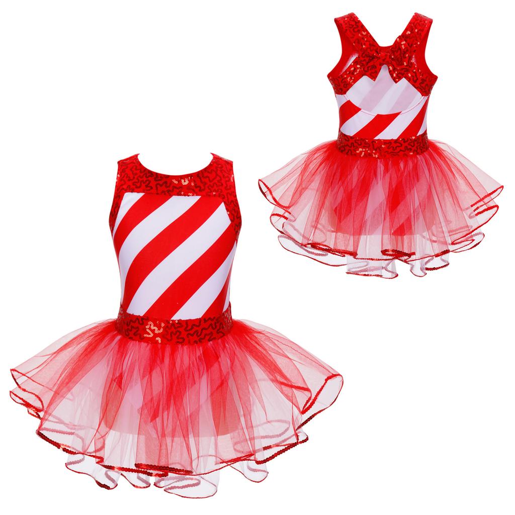Рождественский костюм эльфа Санта-Клауса для девочек, детское блестящее полосатое танцевальное платье с бантом, многоярусная юбка-пачка, комбинезон для выступления