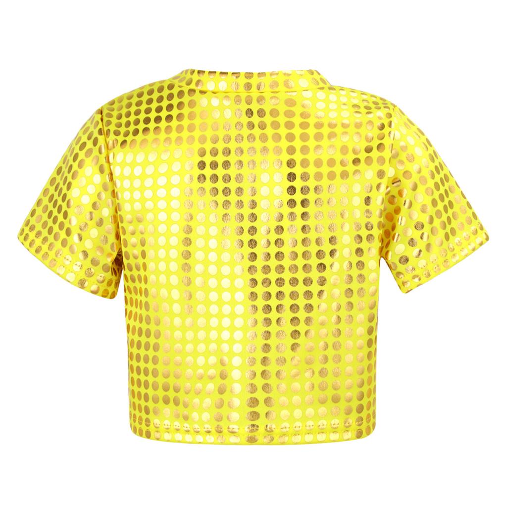 Jazz Dance Costumes Kids Boys Girls Shiny Sequins Short Sleeve Solid Color T-shirt Crop Tops Street Dance Stage Performance Wear