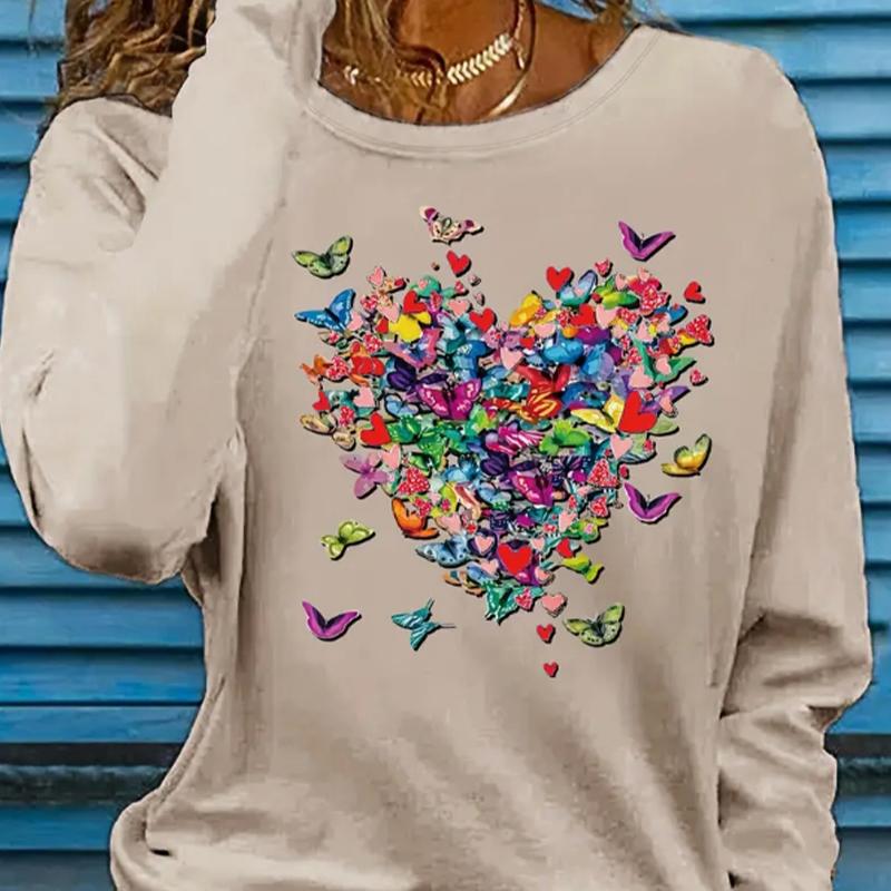 Топы для женщин с принтом в виде летящей бабочки, круглым вырезом и длинным рукавом, футболка на осень, облегающий женский топ с длинным рукавом