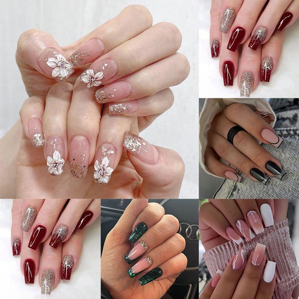 24 шт. Маникюрные накладные ногти с полным покрытием, накладные ногти «сделай сам», длинные французские накладные ногти «балерина», камелия