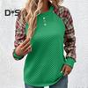 Women Fall Spring Sweatshirt Plaid Print Round Neck Loose Long Sleeves Patchwork Rhombus Texture Daily Wear Sport Top
