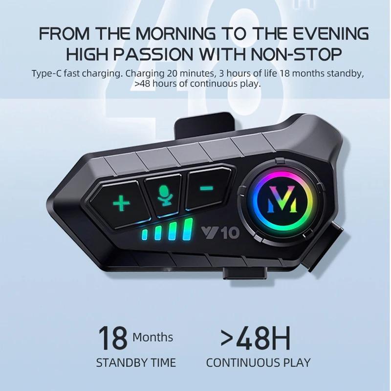 Y10  Helmet Headset Motorcycle 10m Intercom Bluetooth Headphone LED Lighting Interphone Music Player Moto Accessory